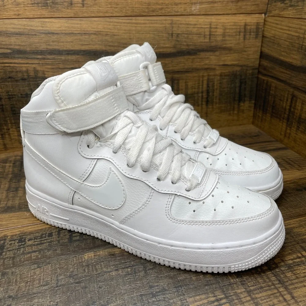 Nike Air Force 1 High Kids 7Y White Leather Ankle Strap Sneakers 653998-100
